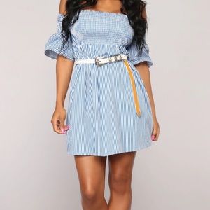 Blue and white striped smocked dress.